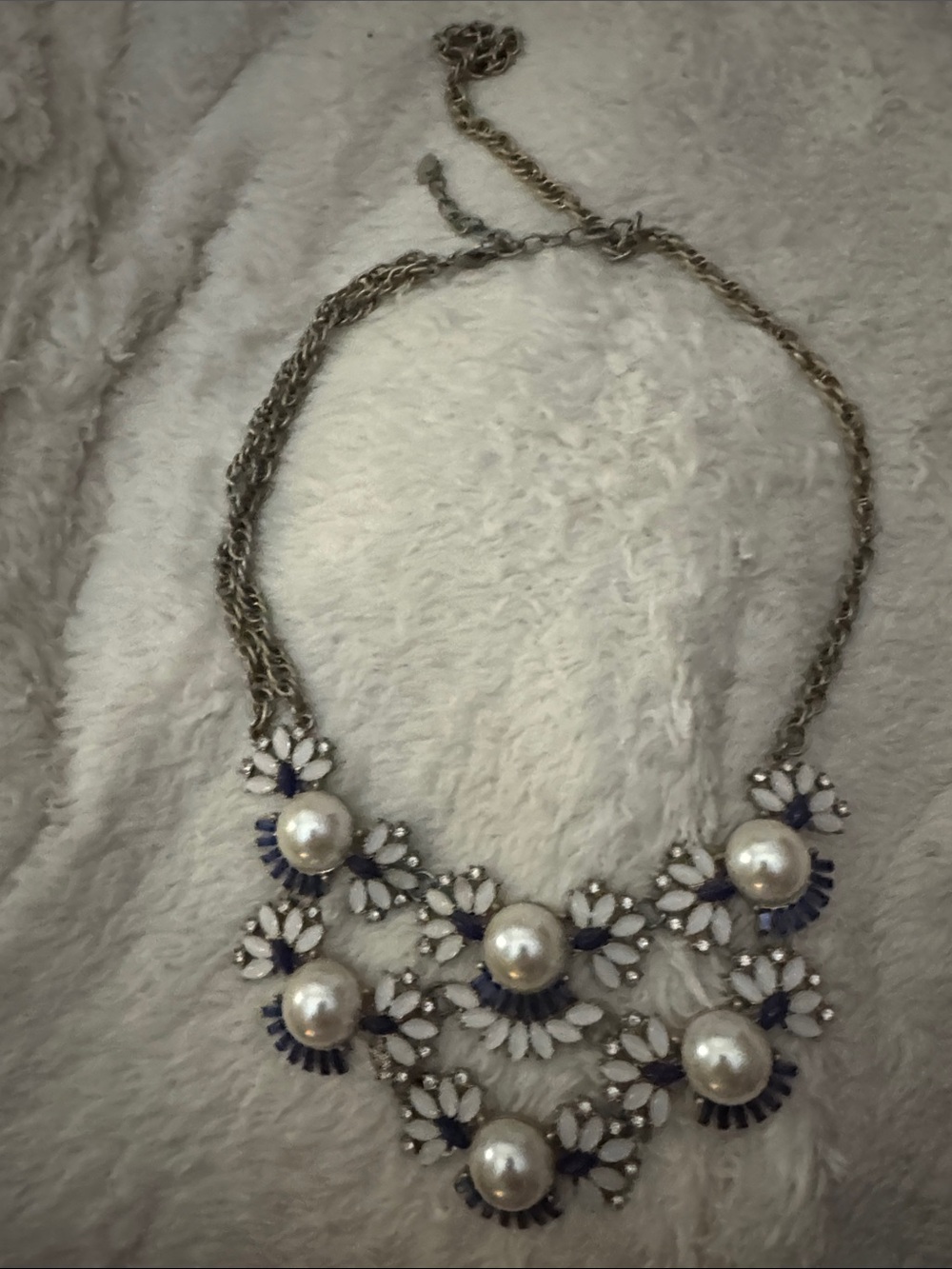 Statement Pearl & Blue Floral Bib Necklace - Women Jewelry